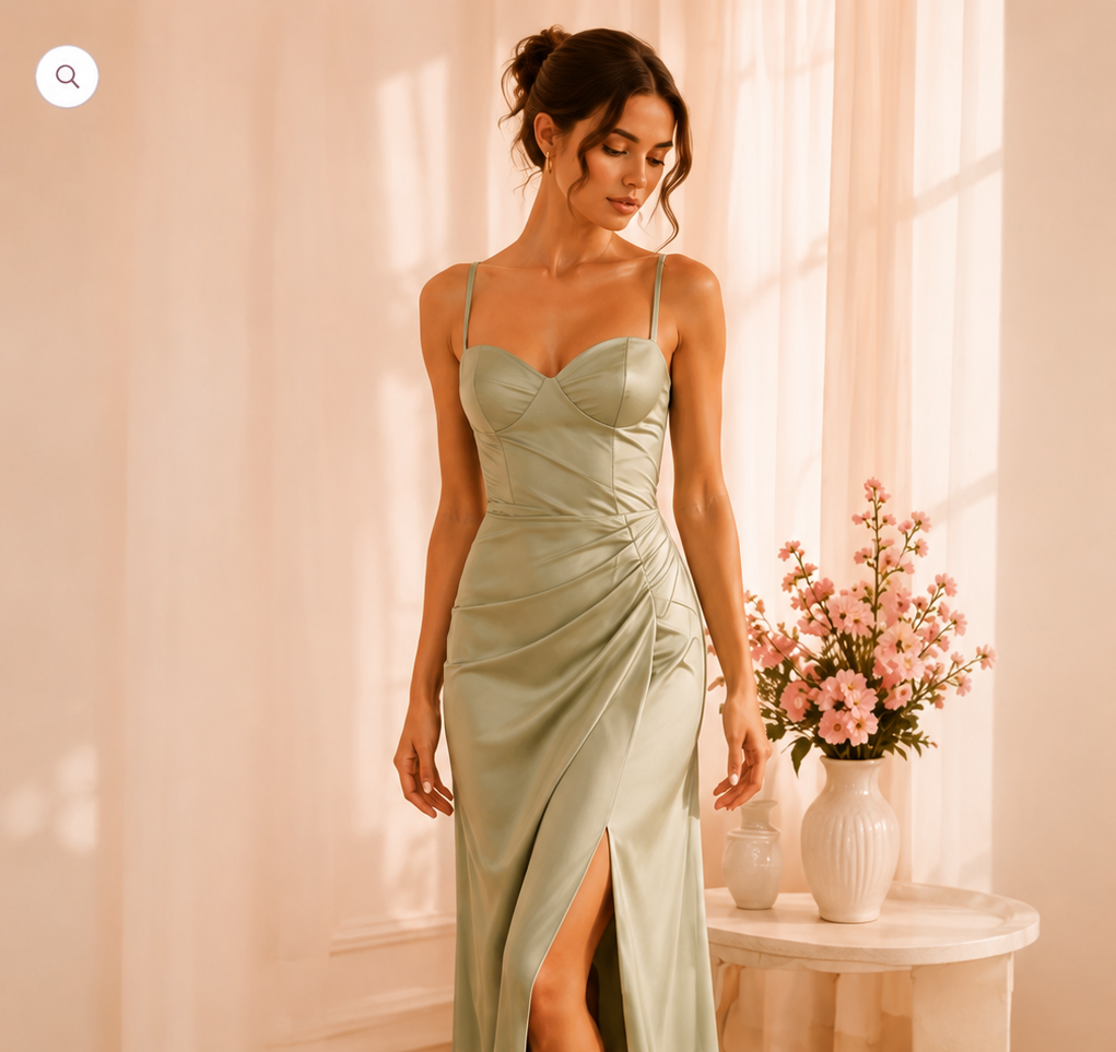 MYLA Sage Satin Draped Maxi Dress